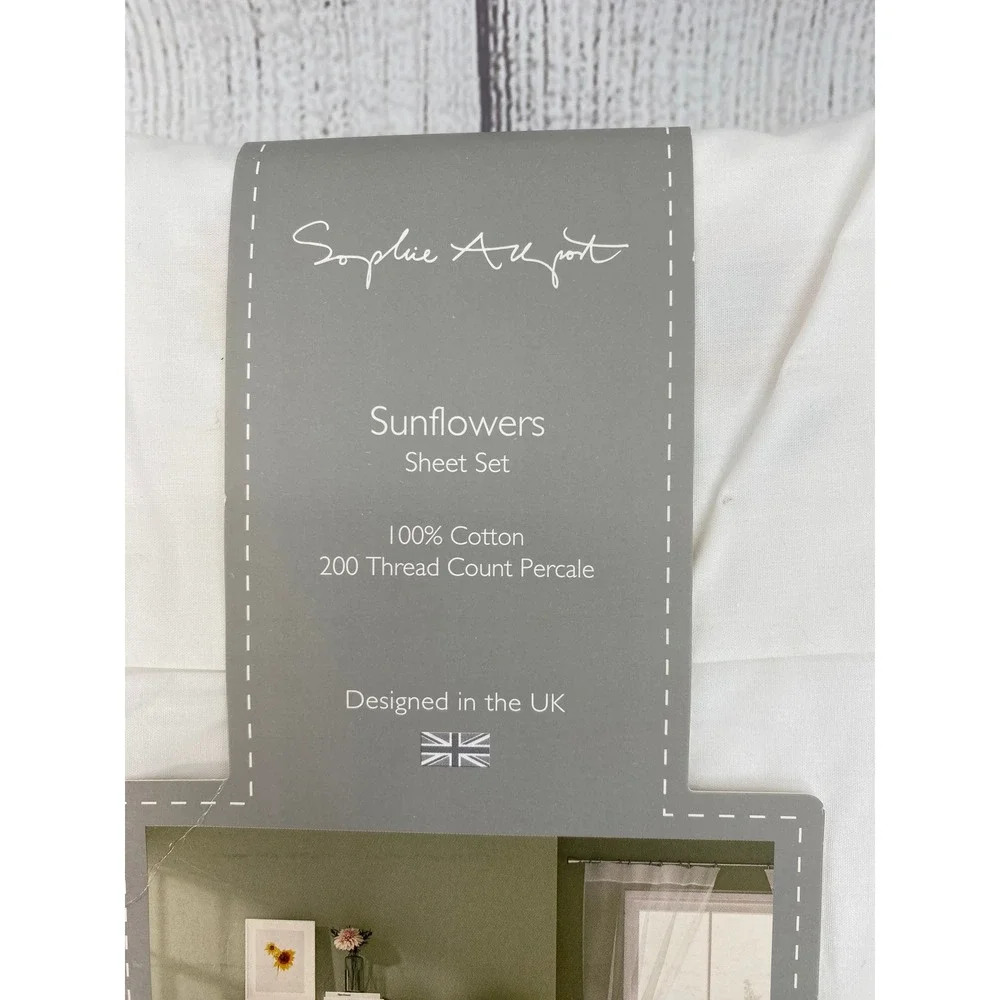 Sophie Allport Sheet Set QUEEN Sunflowers White Floral 100% Cotton 200TC Percale